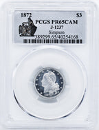 1872 $3 Three Dollar Gold Coin PCGS PR65CAM