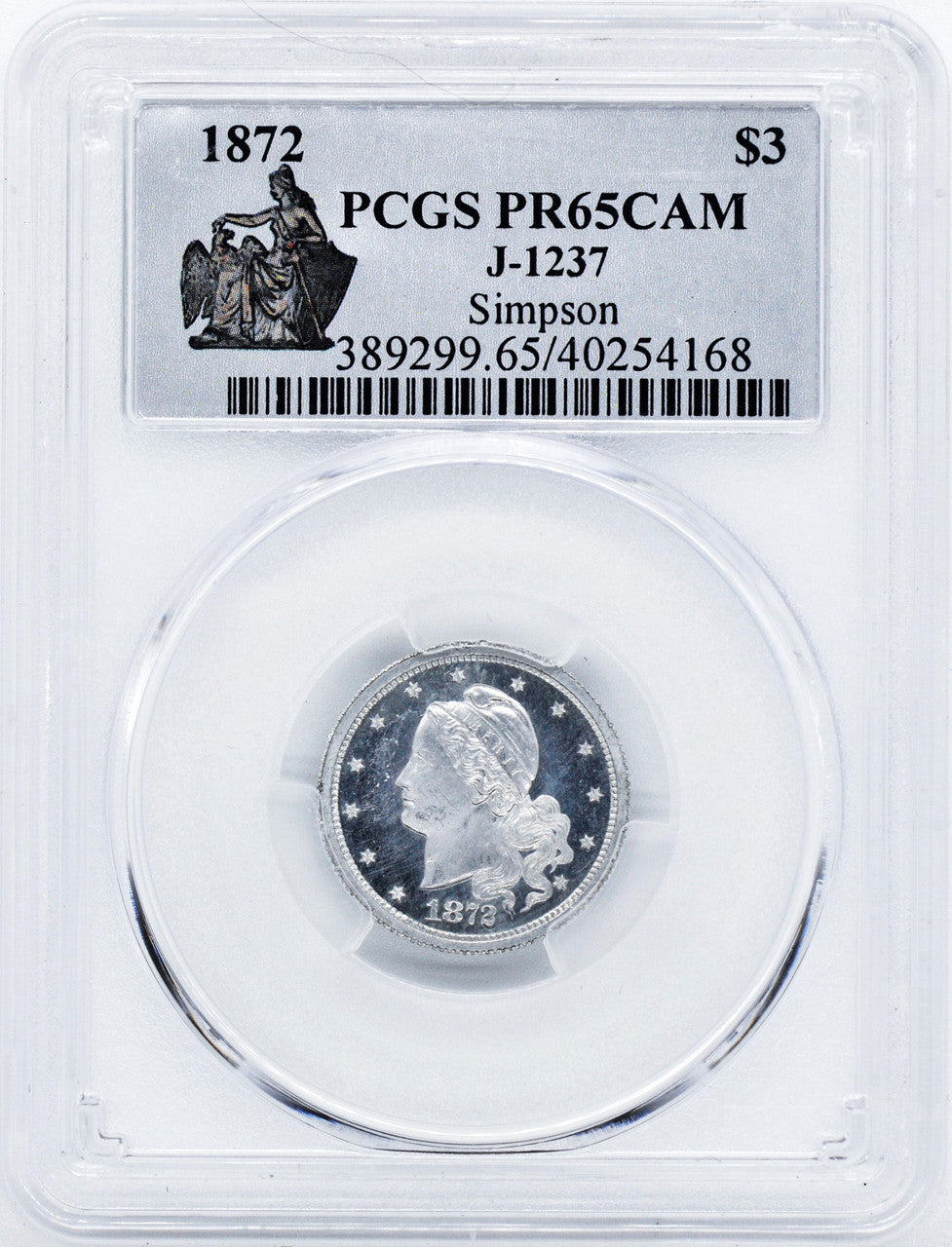 1872 $3 Three Dollar Gold Coin PCGS PR65CAM