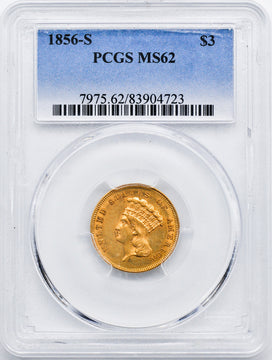 1856-S $3 Three Dollar Gold Coin PCGS MS62