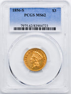 1856-S $3 Three Dollar Gold Coin PCGS MS62