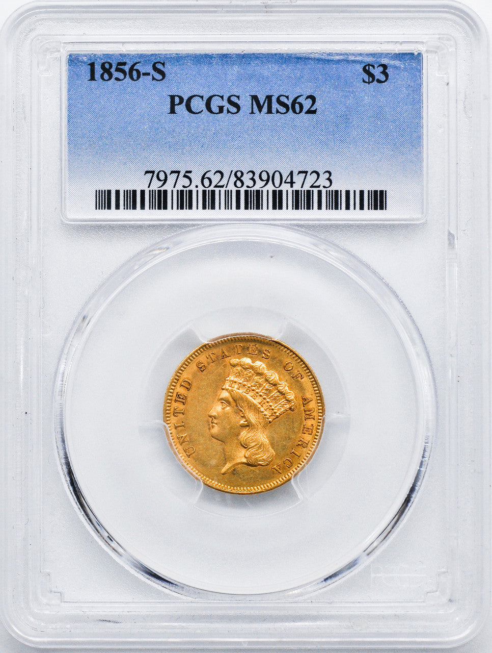 1856-S $3 Three Dollar Gold Coin PCGS MS62