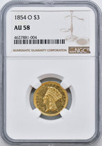 1854-O $3 Three Dollar Gold Coin NGC AU58