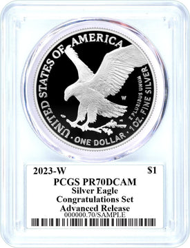 2023-W Silver Eagle Advanced Release Congratulations Set PR70 PCGS Damstra Signed