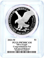 2023-W Silver Eagle Advanced Release Congratulations Set PR70 PCGS Damstra Signed