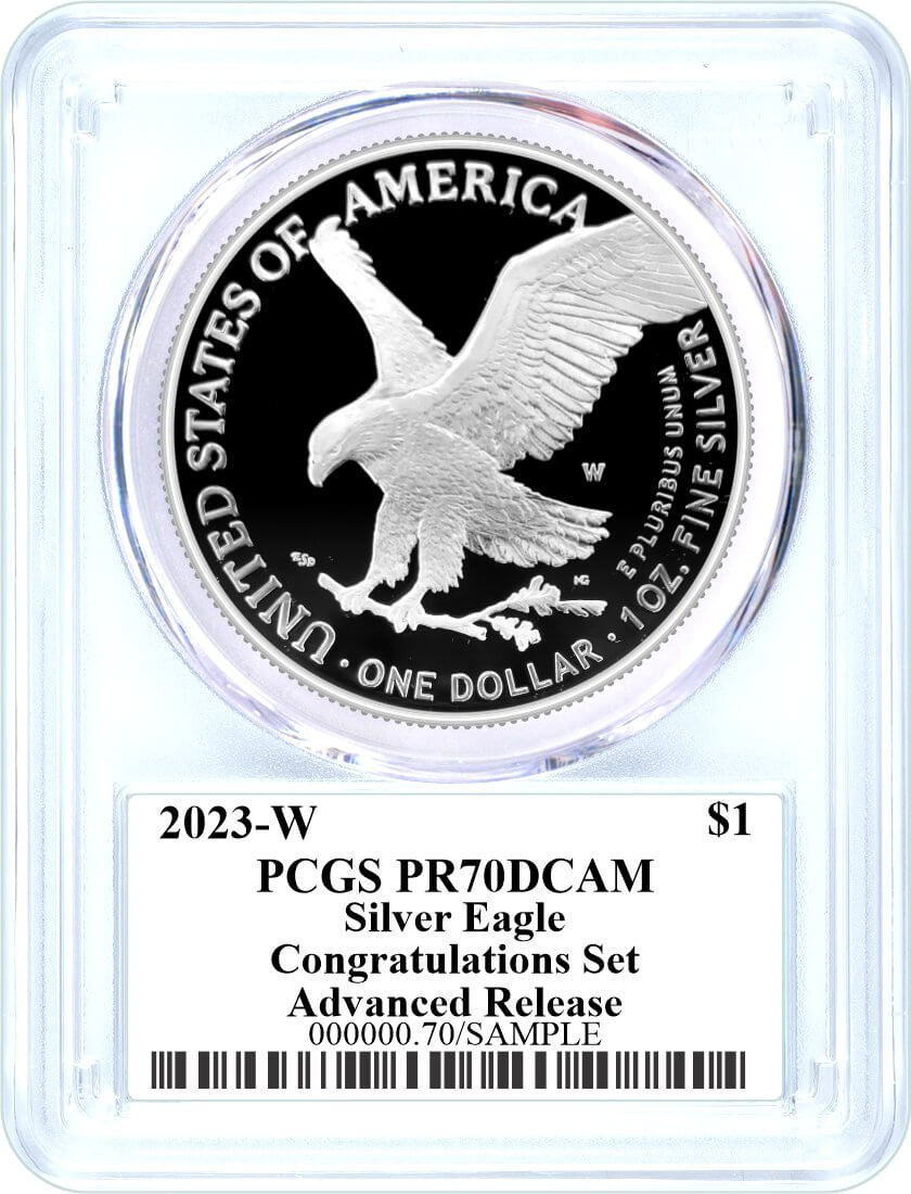 2023-W Silver Eagle Advanced Release Congratulations Set PR70 PCGS Damstra Signed