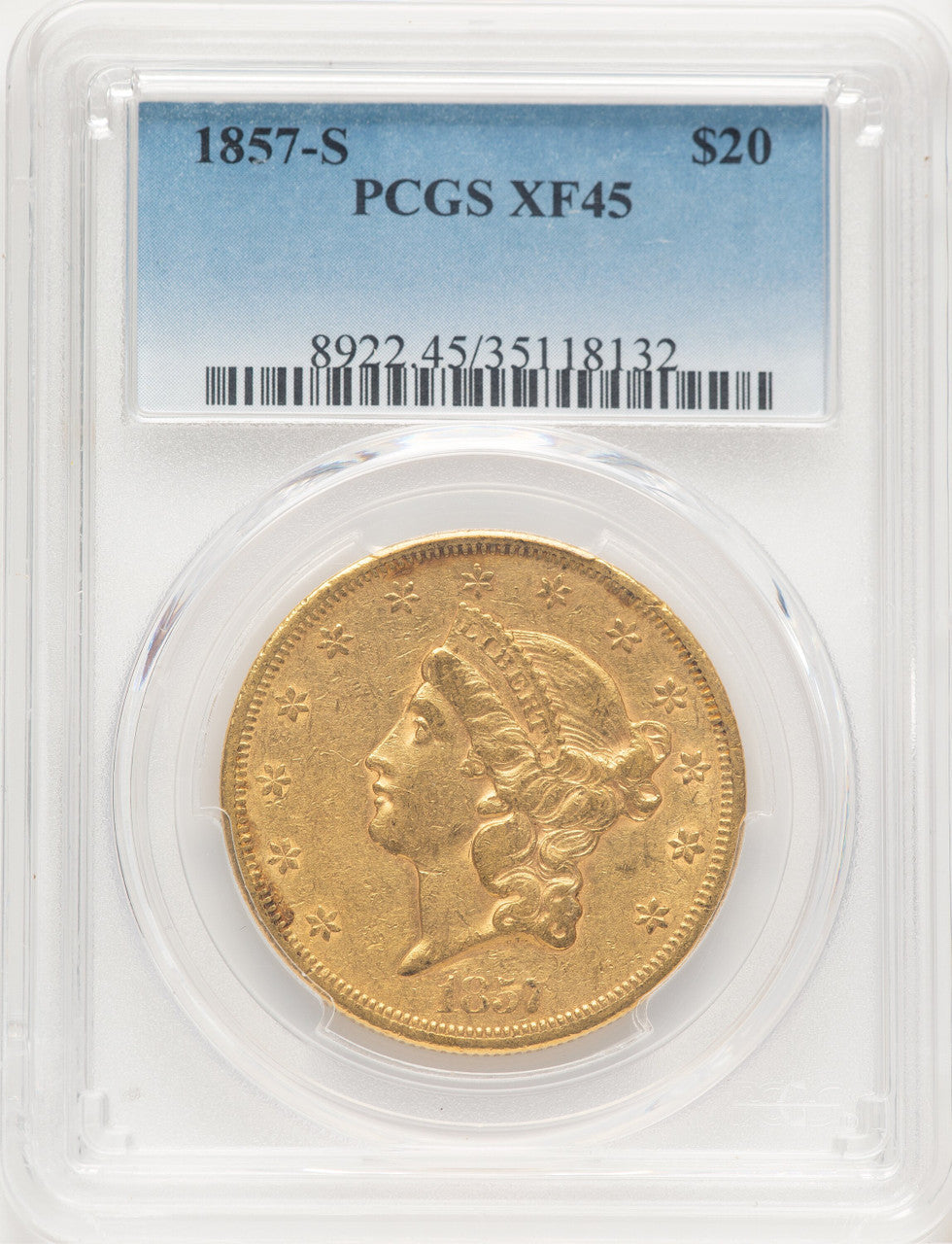 1857-S $20 Liberty Double Eagle PCGS XF45
