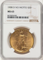 1908-D $20 NO MOTTO Saint-Gaudens Double Eagle NGC MS63