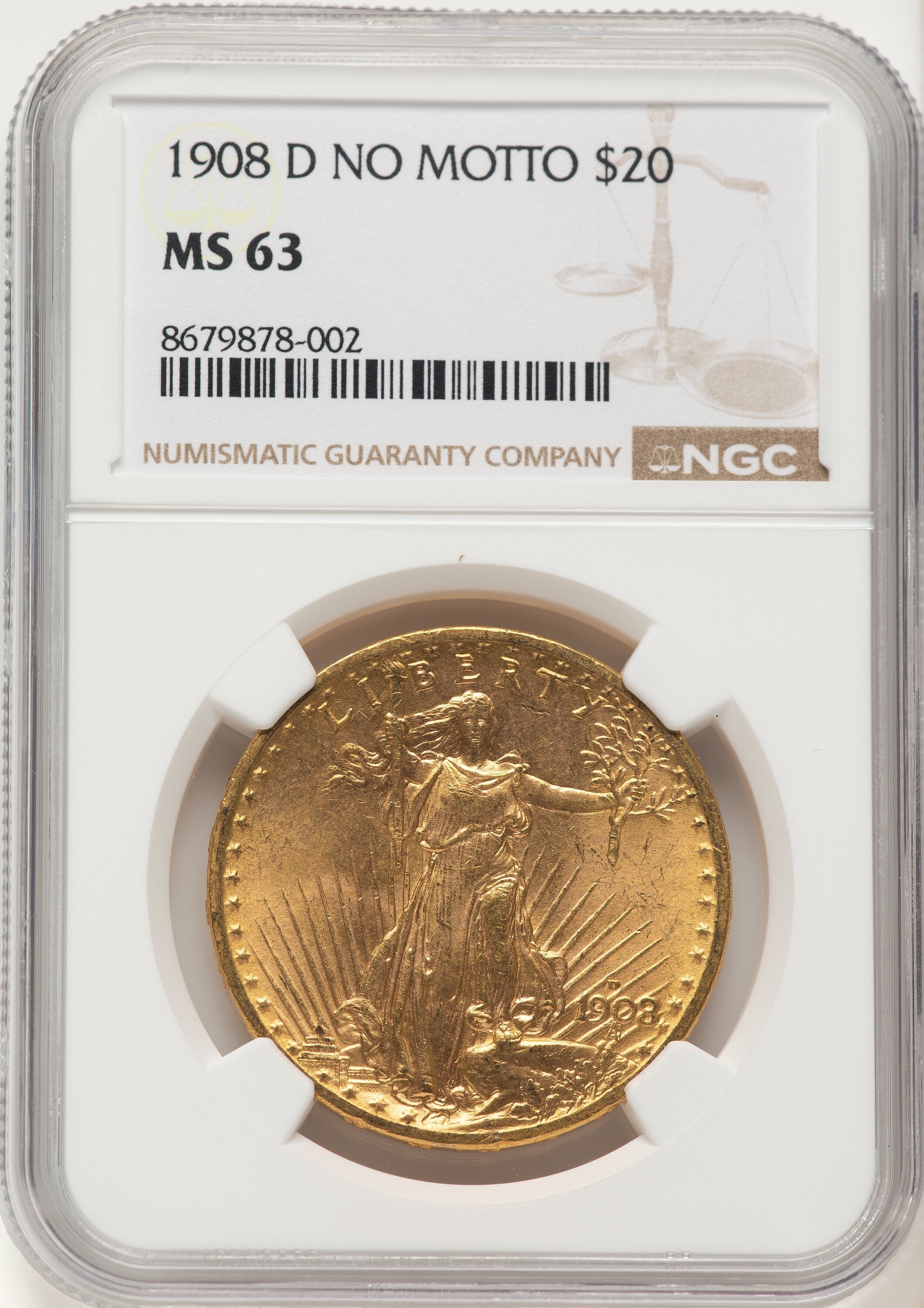 1908-D $20 NO MOTTO Saint-Gaudens Double Eagle NGC MS63