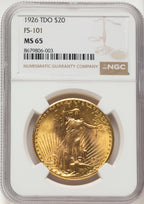 1926 $20 Tripled Die Obverse FS-101 Saint-Gaudens Double Eagle NGC MS65