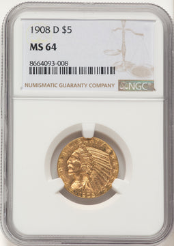 1908-D $5 Indian Half Eagle NGC MS64
