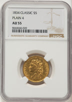1834 $5 PLAIN 4 Classic Half Eagle NGC AU55