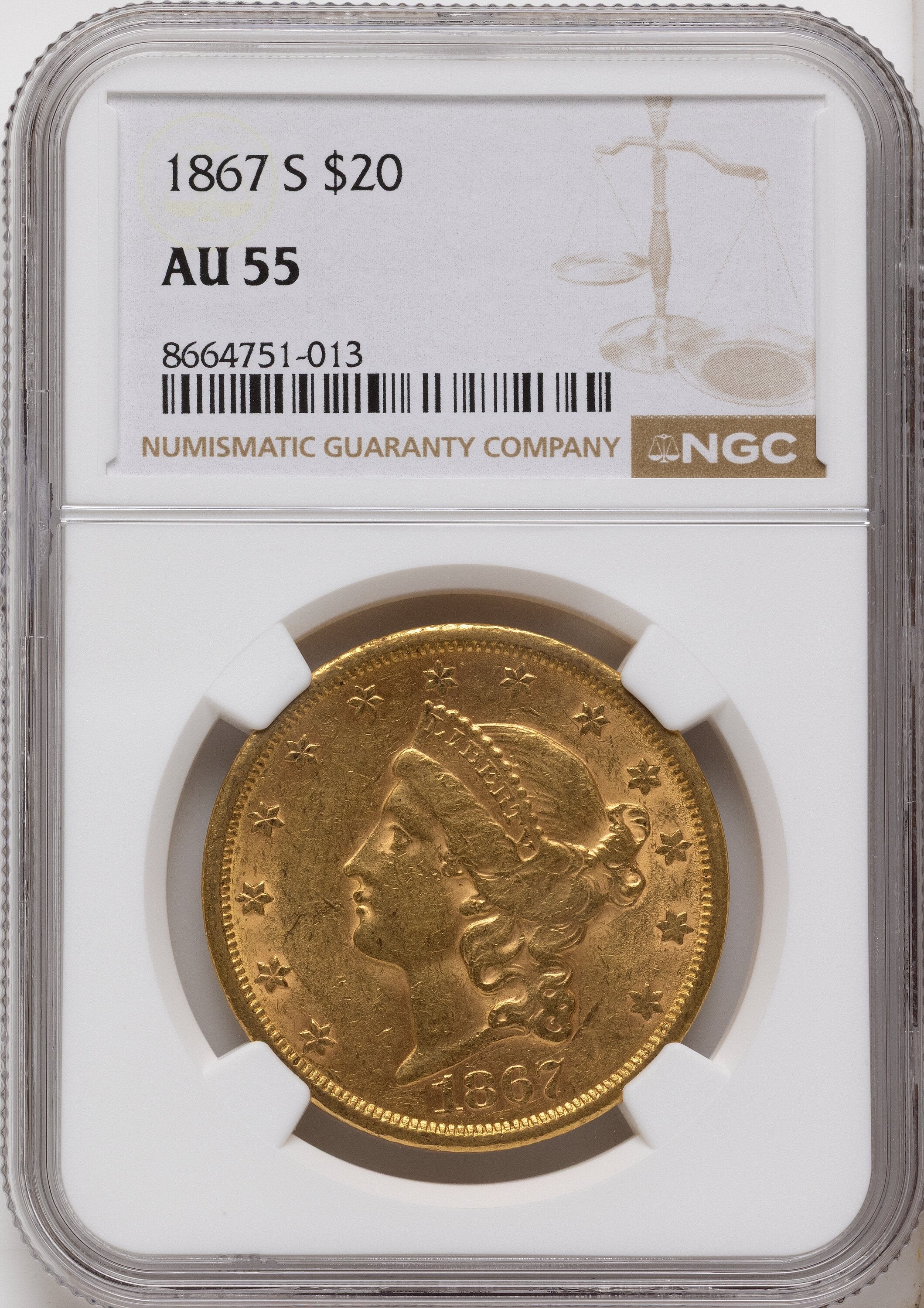 1867-S $20 Liberty Double Eagle NGC AU55
