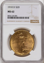 1910-D $20 Saint-Gaudens Double Eagle NGC MS62