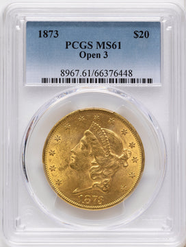 1873 $20 OPEN 3 Liberty Double Eagle PCGS MS61