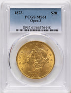 1873 $20 OPEN 3 Liberty Double Eagle PCGS MS61