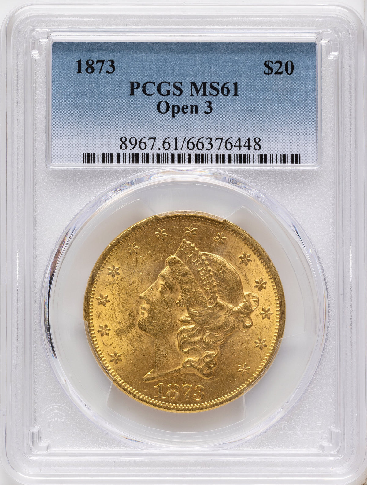 1873 $20 OPEN 3 Liberty Double Eagle PCGS MS61