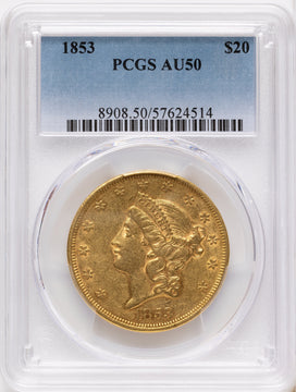 1853 $20 Liberty Double Eagle PCGS AU50