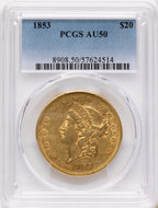 1853 $20 Liberty Double Eagle PCGS AU50
