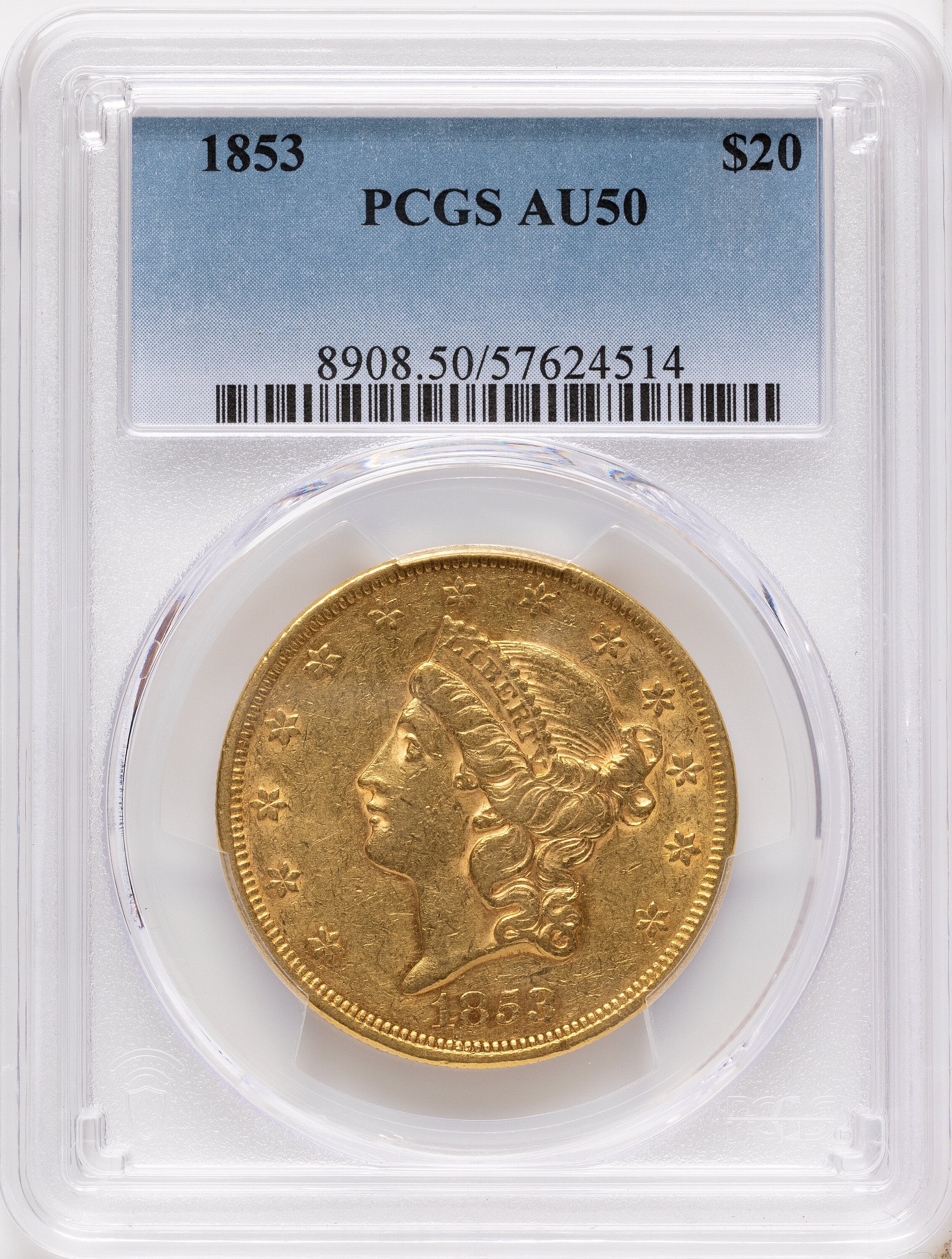 1853 $20 Liberty Double Eagle PCGS AU50