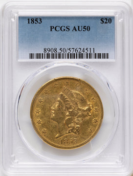 1853 $20 Liberty Double Eagle PCGS AU50