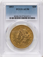 1853 $20 Liberty Double Eagle PCGS AU50