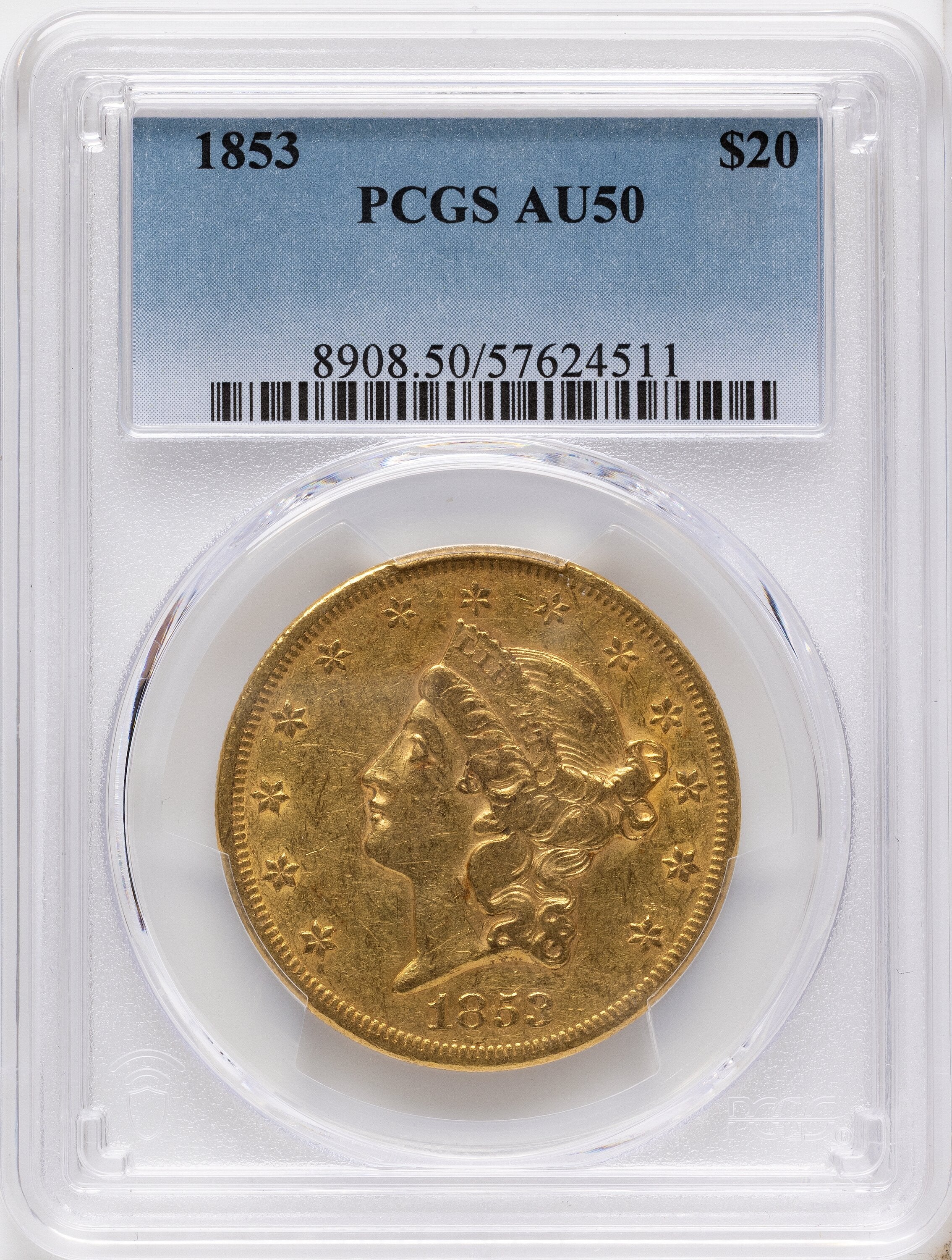 1853 $20 Liberty Double Eagle PCGS AU50