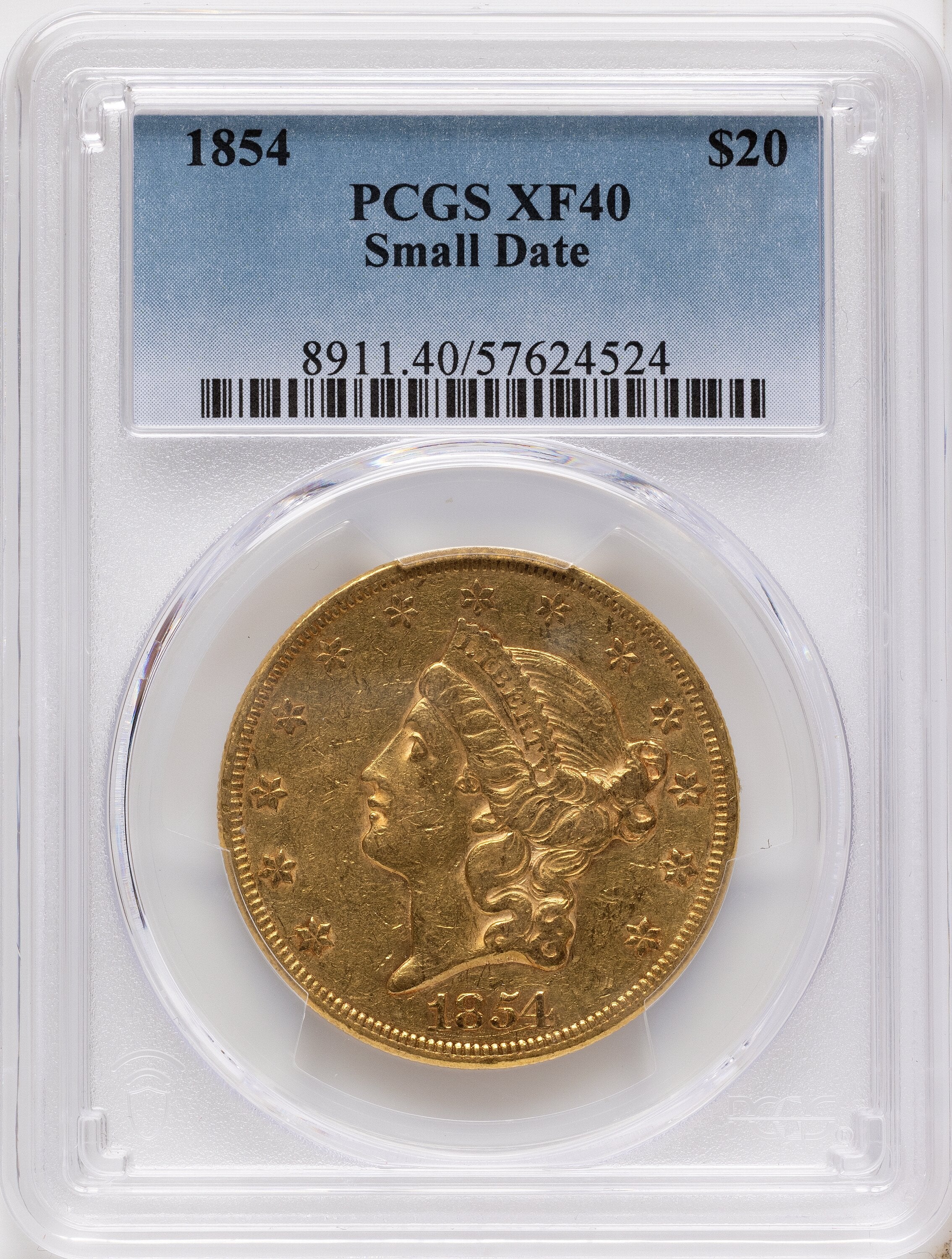 1854 $20 Small Date Liberty Double Eagle PCGS XF40