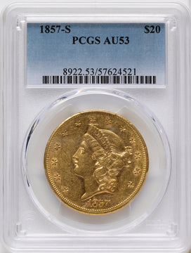 1857-S $20 Liberty Double Eagle PCGS AU53