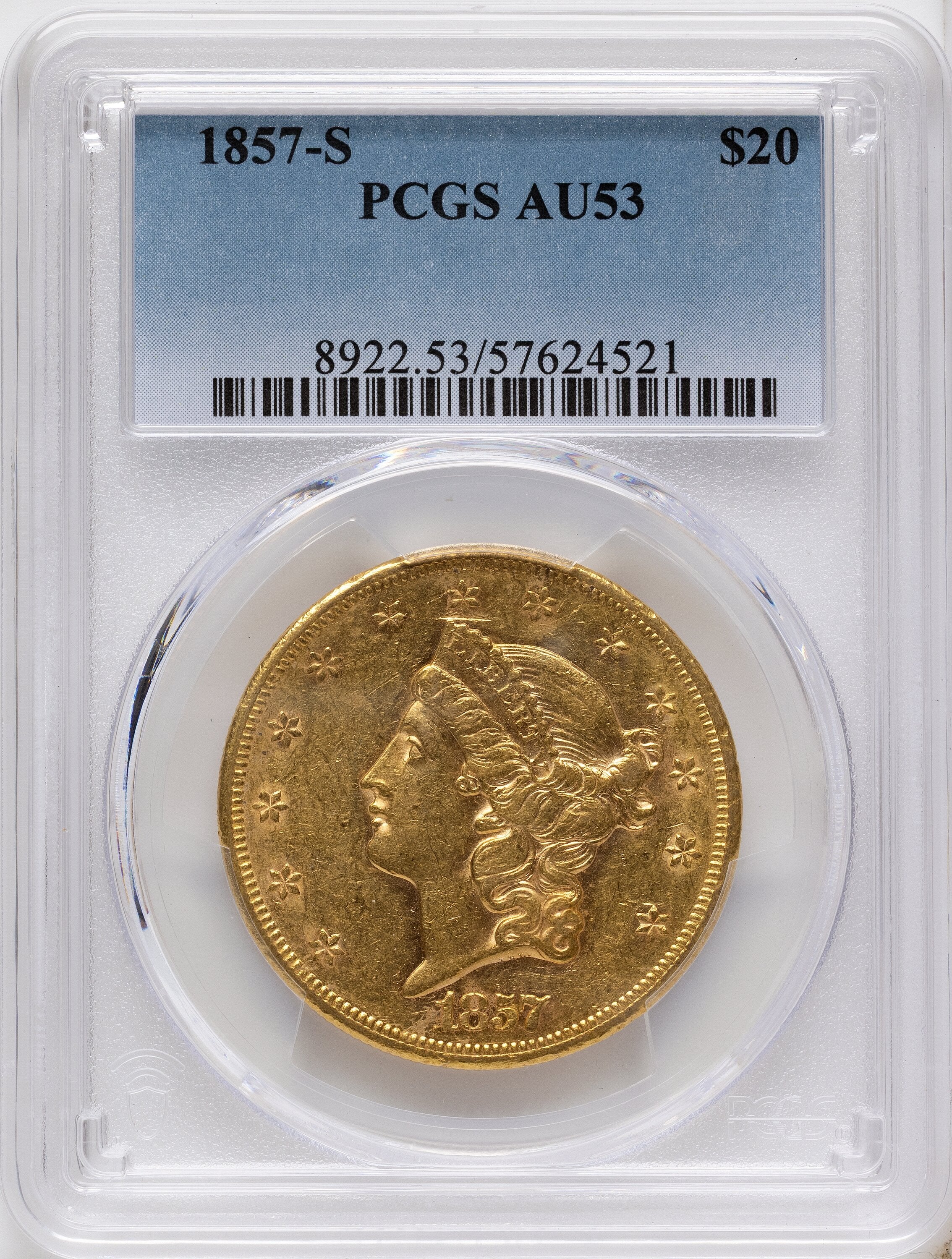 1857-S $20 Liberty Double Eagle PCGS AU53