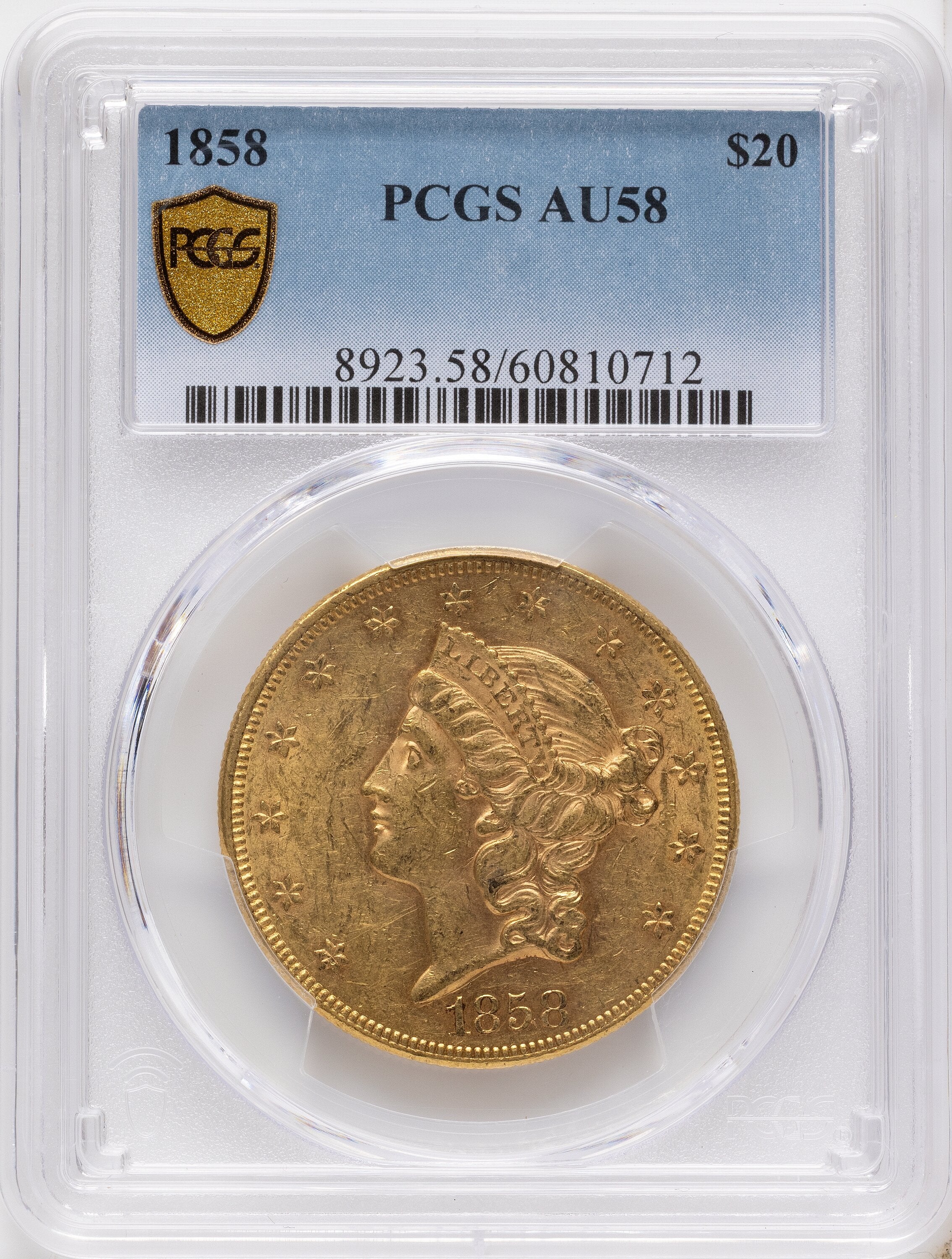 1858 $20 Liberty Double Eagle PCGS AU58
