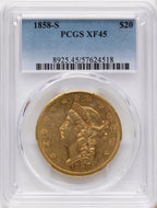 1858-S $20 Liberty Double Eagle PCGS XF45
