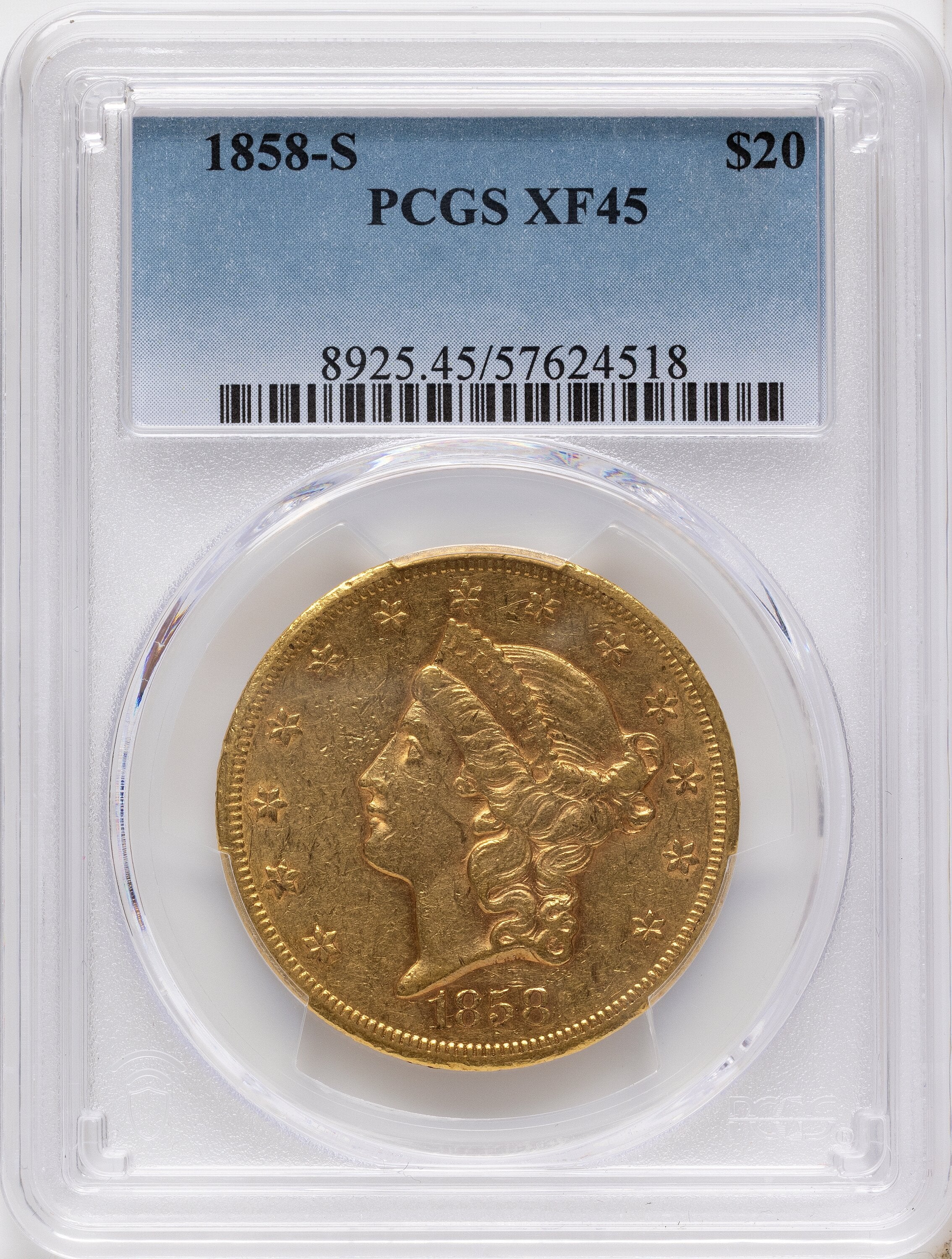 1858-S $20 Liberty Double Eagle PCGS XF45