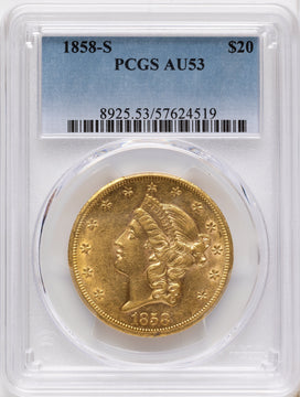 1858-S $20 Liberty Double Eagle PCGS AU53
