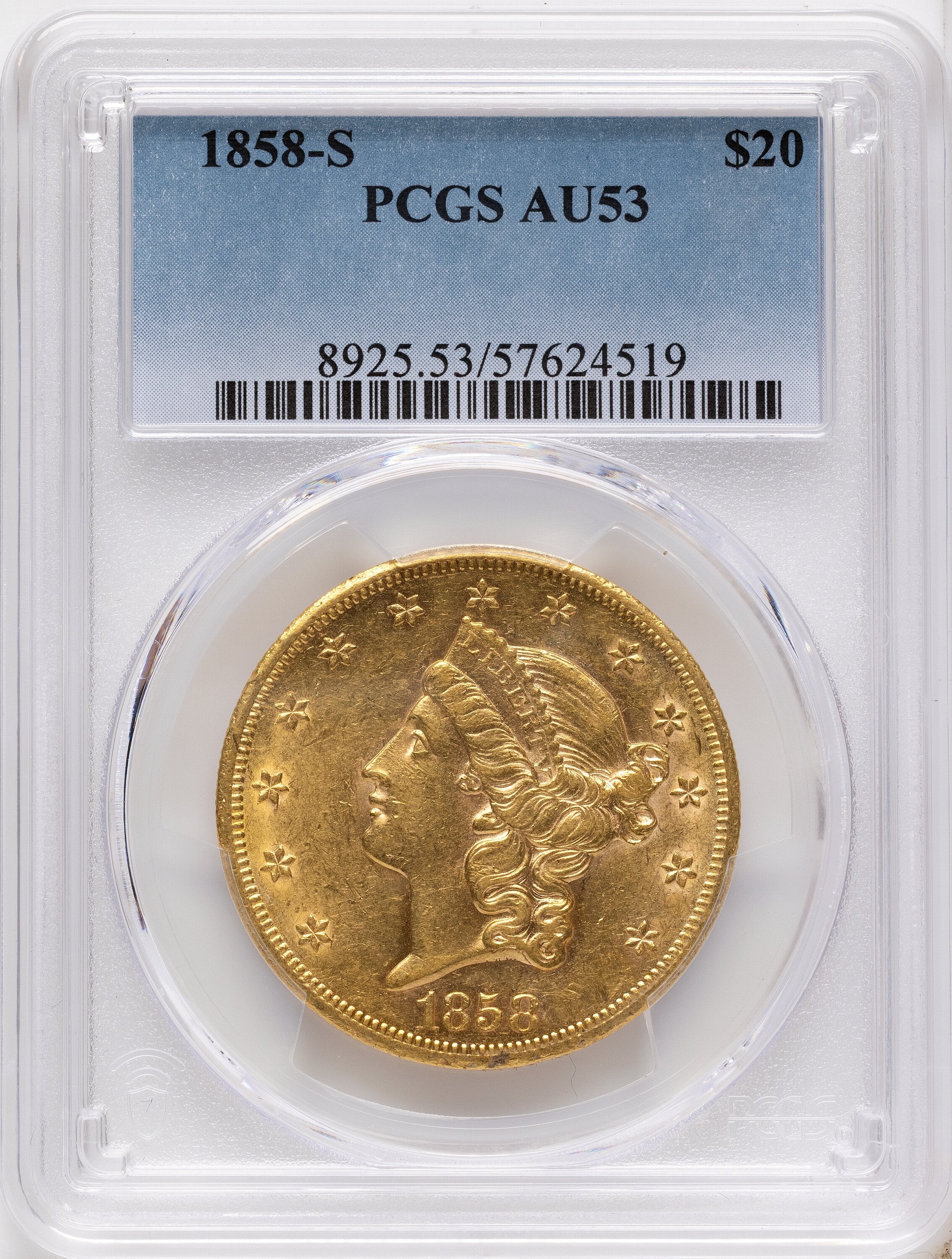1858-S $20 Liberty Double Eagle PCGS AU53