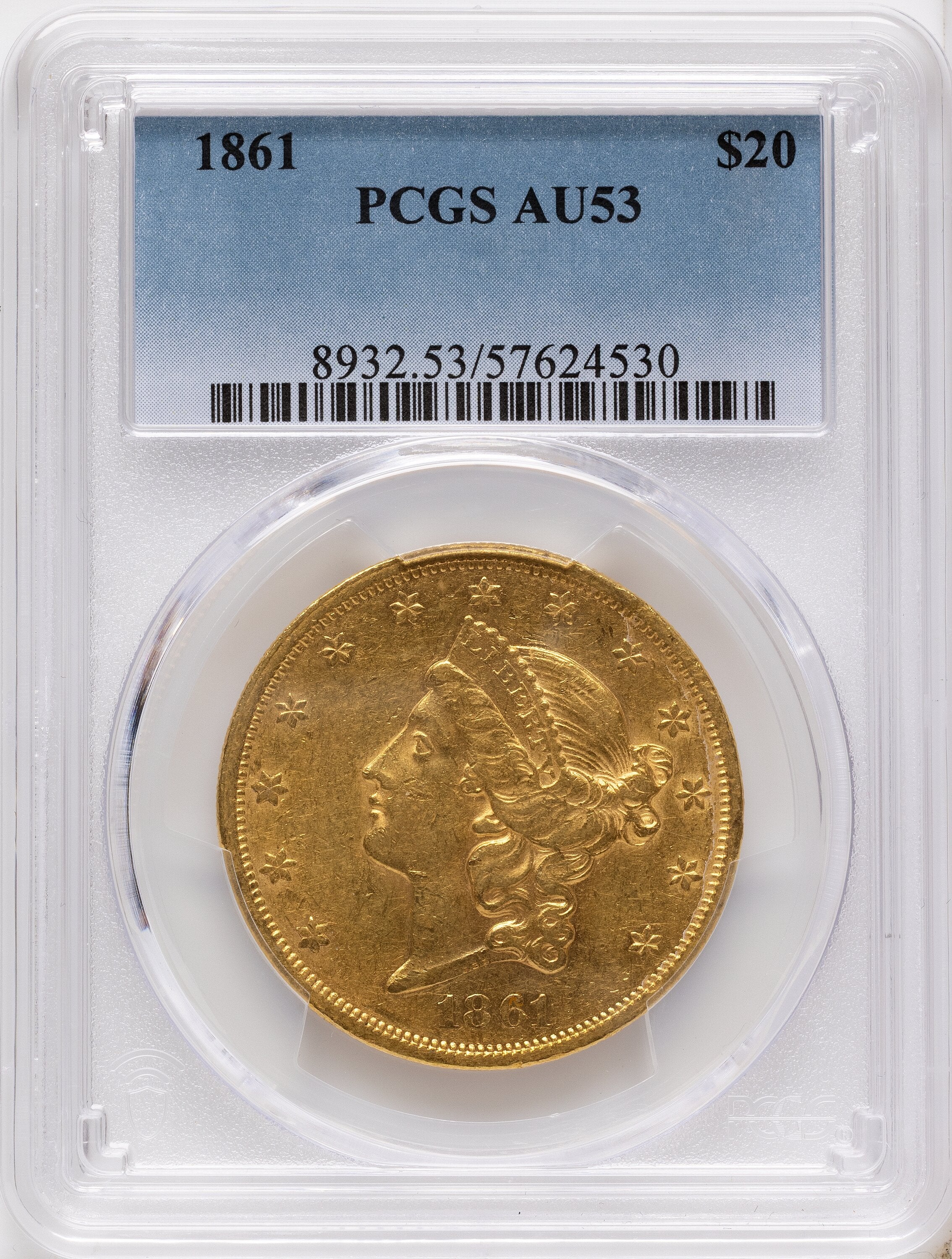 1861 $20 Liberty Double Eagle PCGS AU53