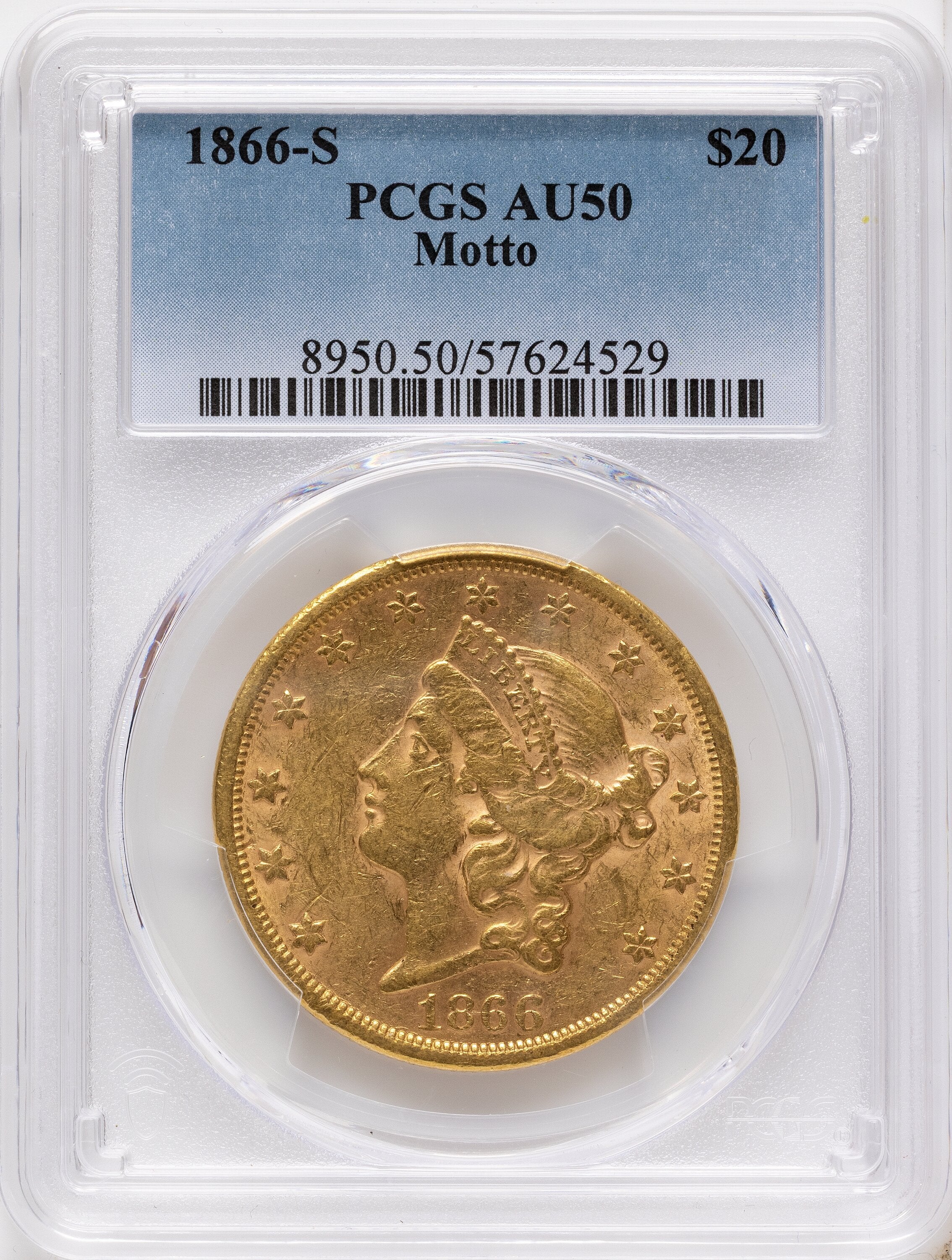 1866-S $20 MOTTO Liberty Double Eagle PCGS AU50