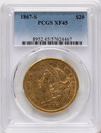1867-S $20 Liberty Double Eagle PCGS XF45
