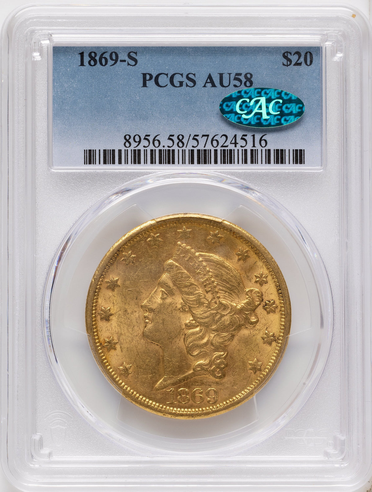 1869-S $20 CAC Liberty Double Eagle PCGS AU58