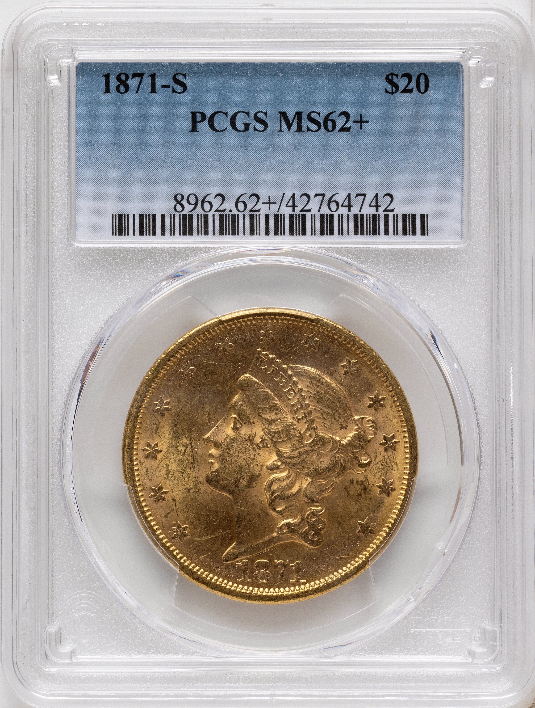 1871-S $20 Liberty Double Eagle PCGS MS62+