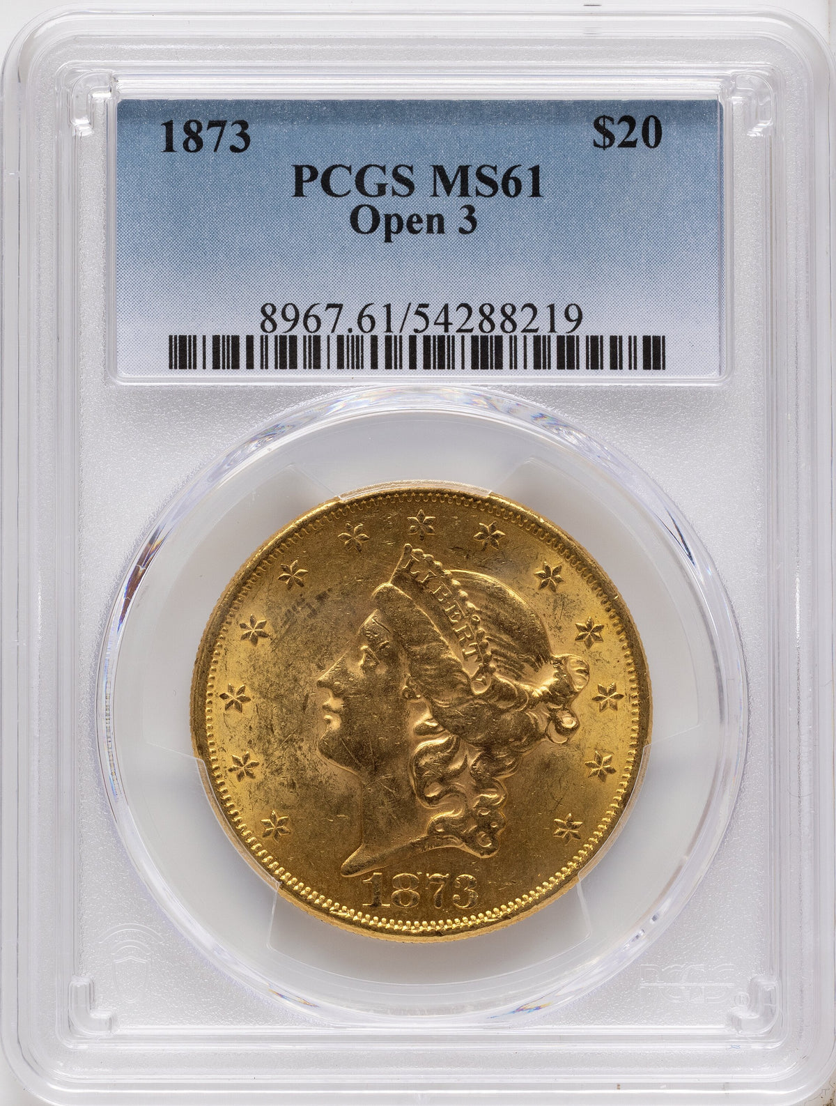 1873 $20 OPEN 3 Liberty Double Eagle PCGS MS61