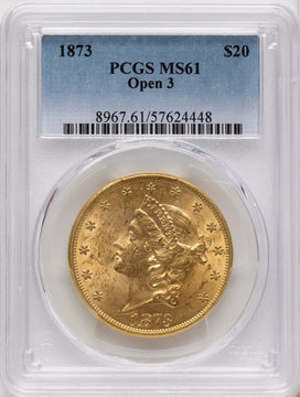 1873 $20 OPEN 3 Liberty Double Eagle PCGS MS61
