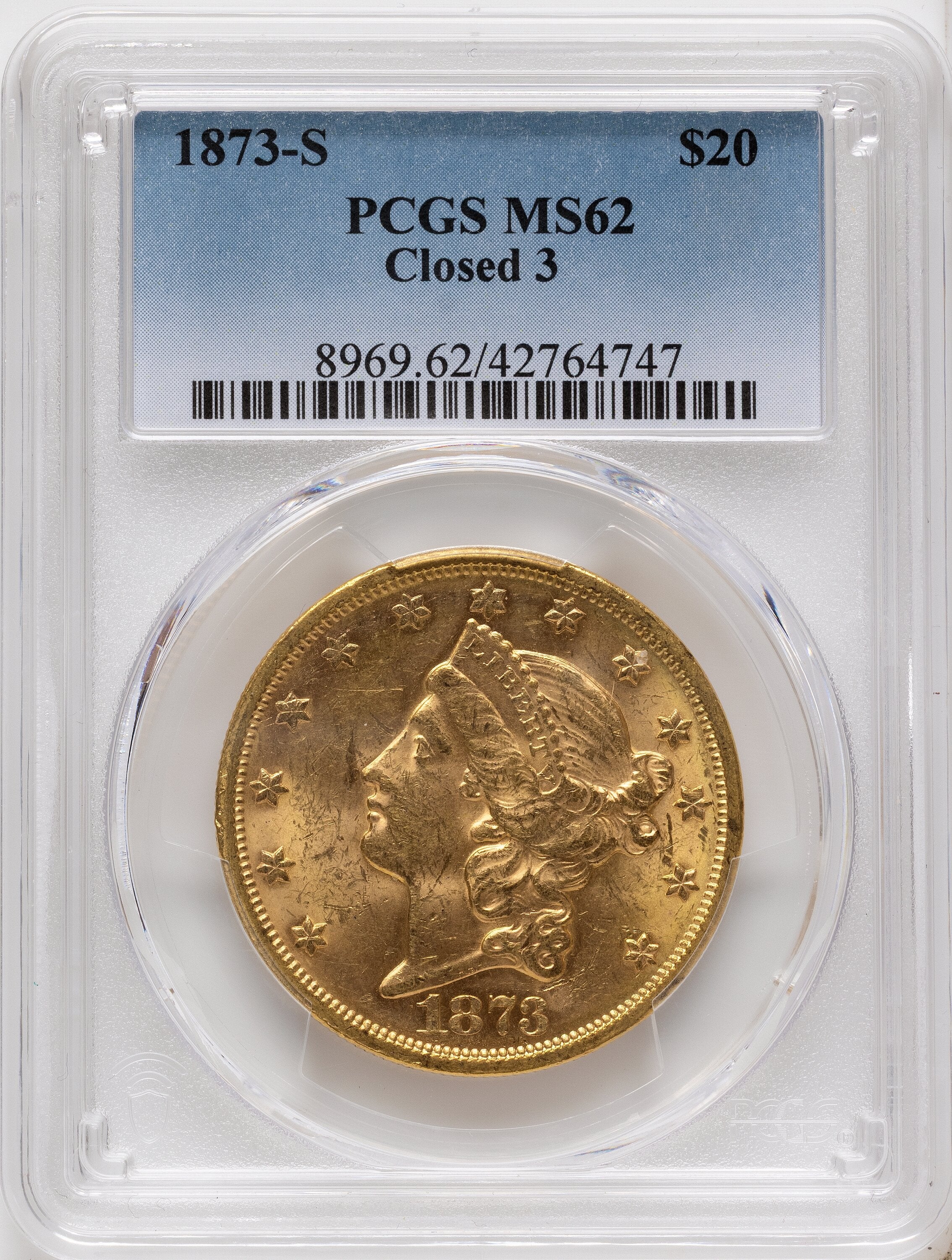1873-S $20 Closed 3 Liberty Double Eagle PCGS MS62