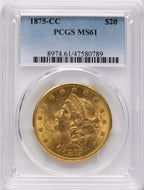 1875-CC $20 Liberty Double Eagle PCGS MS61