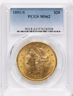 1891-S $20 Liberty Double Eagle PCGS MS62