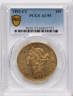 1892-CC $20 Liberty Double Eagle PCGS AU55