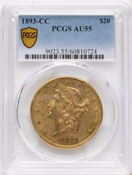 1893-CC $20 Liberty Double Eagle PCGS AU55