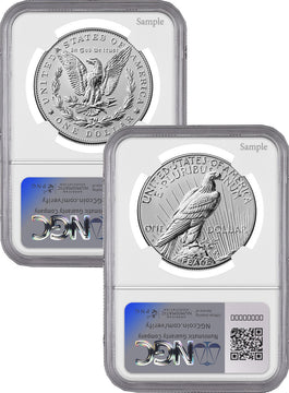 2025-S Morgan and Peace Silver Dollar 2pc Set Reverse Proof FDI NGC PF70 Harrigal