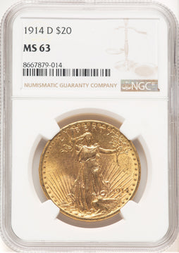 1914-D $20 Brown Label Saint-Gaudens Double Eagle NGC MS63
