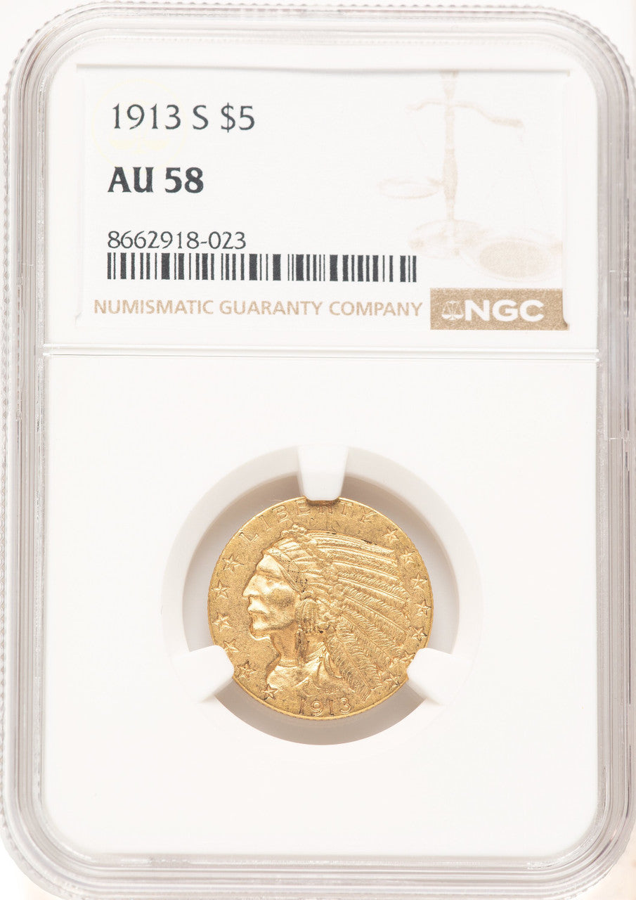 1913-S $5 Indian Half Eagle NGC AU58 (177405046)