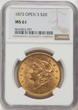 1873 $20 OPEN 3 Liberty Double Eagle NGC MS61